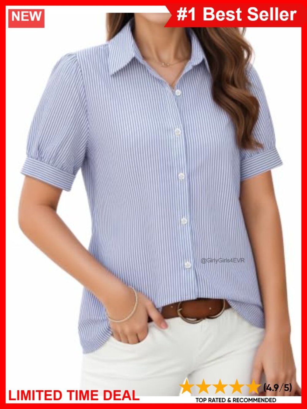 Striped Button Down Shirt Puff Short Sleeve Blouse Collared Business Casual Top
